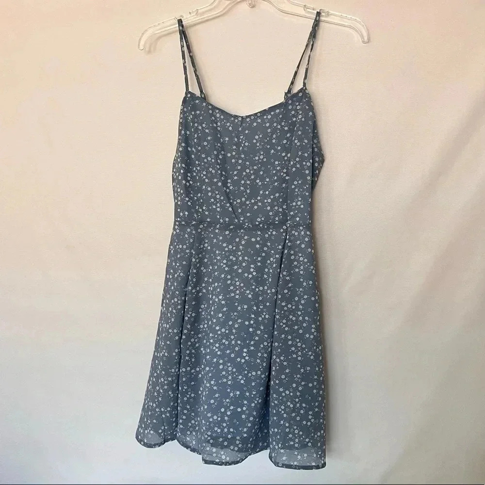 Floral Print Mini Tied Back Dress Blue Stone Sheer Fully Lined Flowy